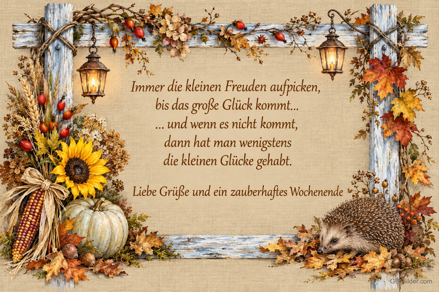 Holzrahmen mit Herbstlaub, Sonnenblume und Igel, Text: Immer die kleinen Freuden aufpicken, bis das große Glück kommt… und wenn es nicht kommt, dann hat man wenigstens die kleinen Glücke gehabt. Liebe Grüße und ein zauberhaftes Wochenende