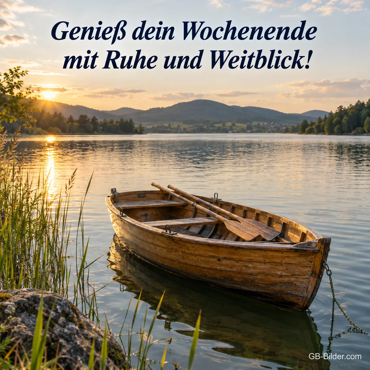 Ruderboot am See, Text: Genieß dein Wochenende mit Ruhe und Weitblick
