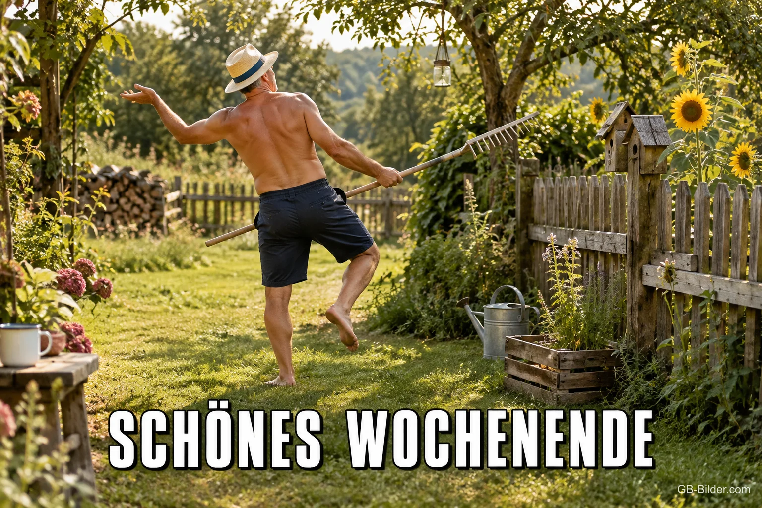 Mann mit Strohhut tanzt mit einem Rechen im Garten, Text: SCHÖNES WOCHENENDE