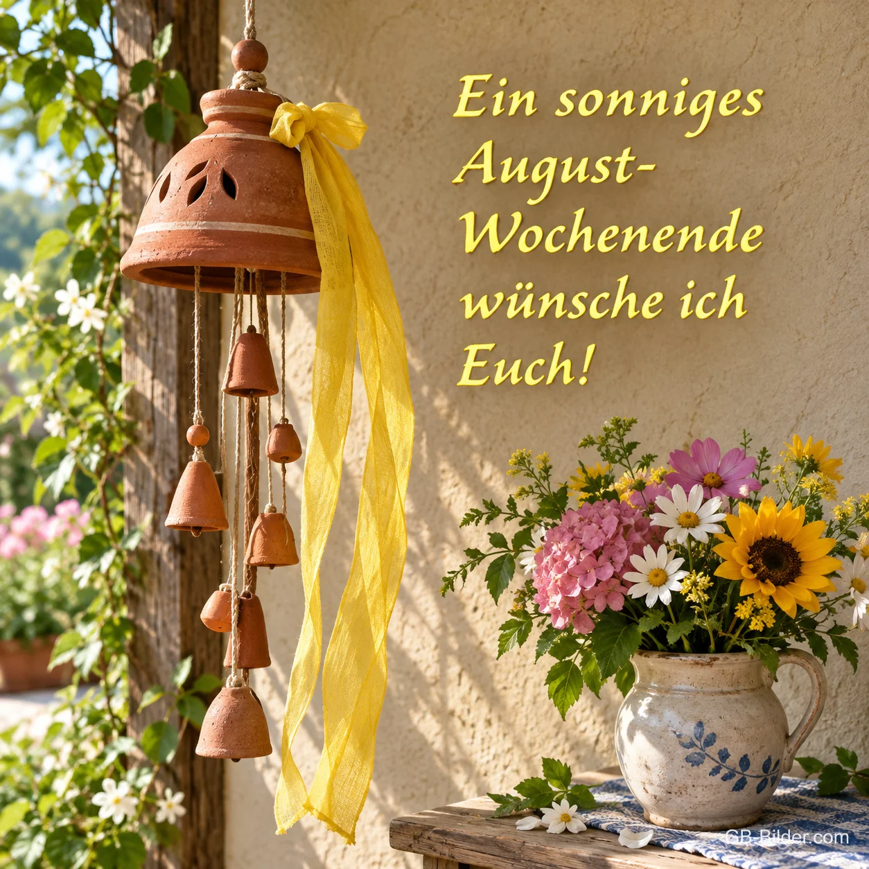 Windspiel aus Ton mit gelbem Band neben einem Krug mit Sommerblumen, Text: Ein sonniges August-Wochenende wünsche ich Euch!