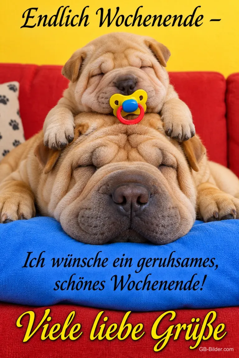 Zwei Shar-Pei-Welpen schlafen übereinander, einer mit Schnuller, Text: Endlich Wochenende – Ich wünsche ein geruhsames, schönes Wochenende! Viele liebe Grüße