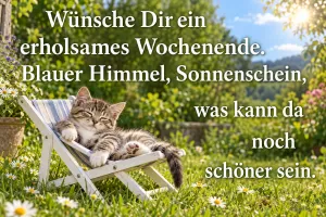 Kätzchen liegt entspannt in einem Liegestuhl auf der Wiese, Text: Wünsche Dir ein erholsames Wochenende. Blauer Himmel, Sonnenschein, was kann da noch schöner sein.