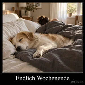 Hund schläft ausgestreckt im Bett neben seinem Besitzer, Text: Endlich Wochenende