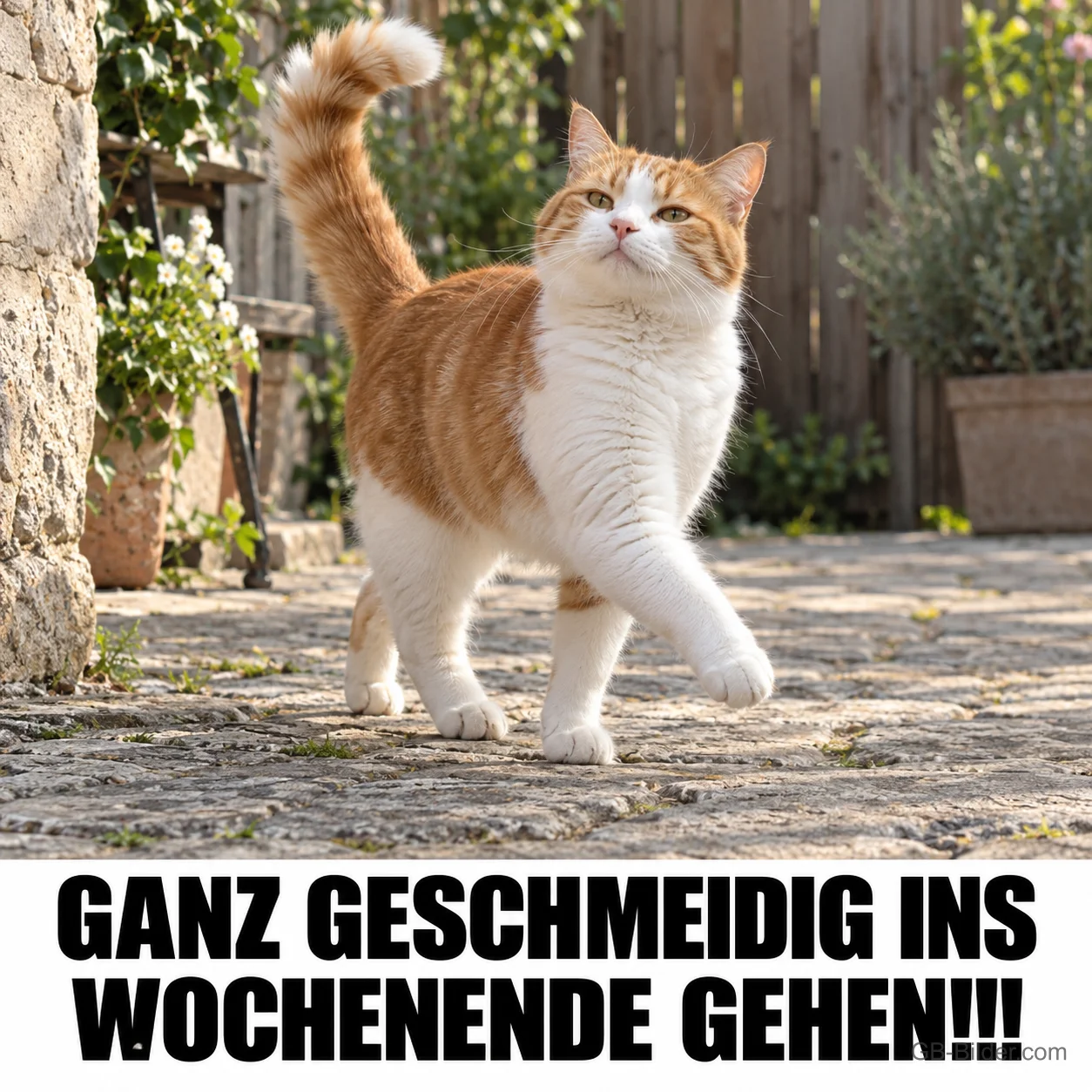 Stolzierende Katze, Text: GANZ GESCHMEIDIG INS WOCHENENDE GEHEN