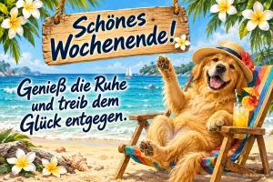 Golden Retriever mit Strohhut winkt im Liegestuhl am Palmenstrand, Text: Schönes Wochenende! Genieß die Ruhe und treib dem Glück entgegen.