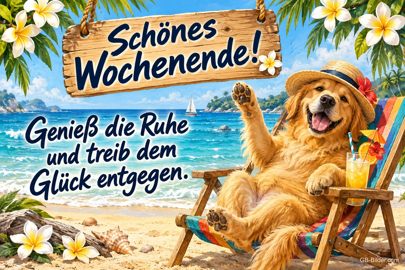 Golden Retriever mit Strohhut winkt im Liegestuhl am Palmenstrand, Text: Schönes Wochenende! Genieß die Ruhe und treib dem Glück entgegen.