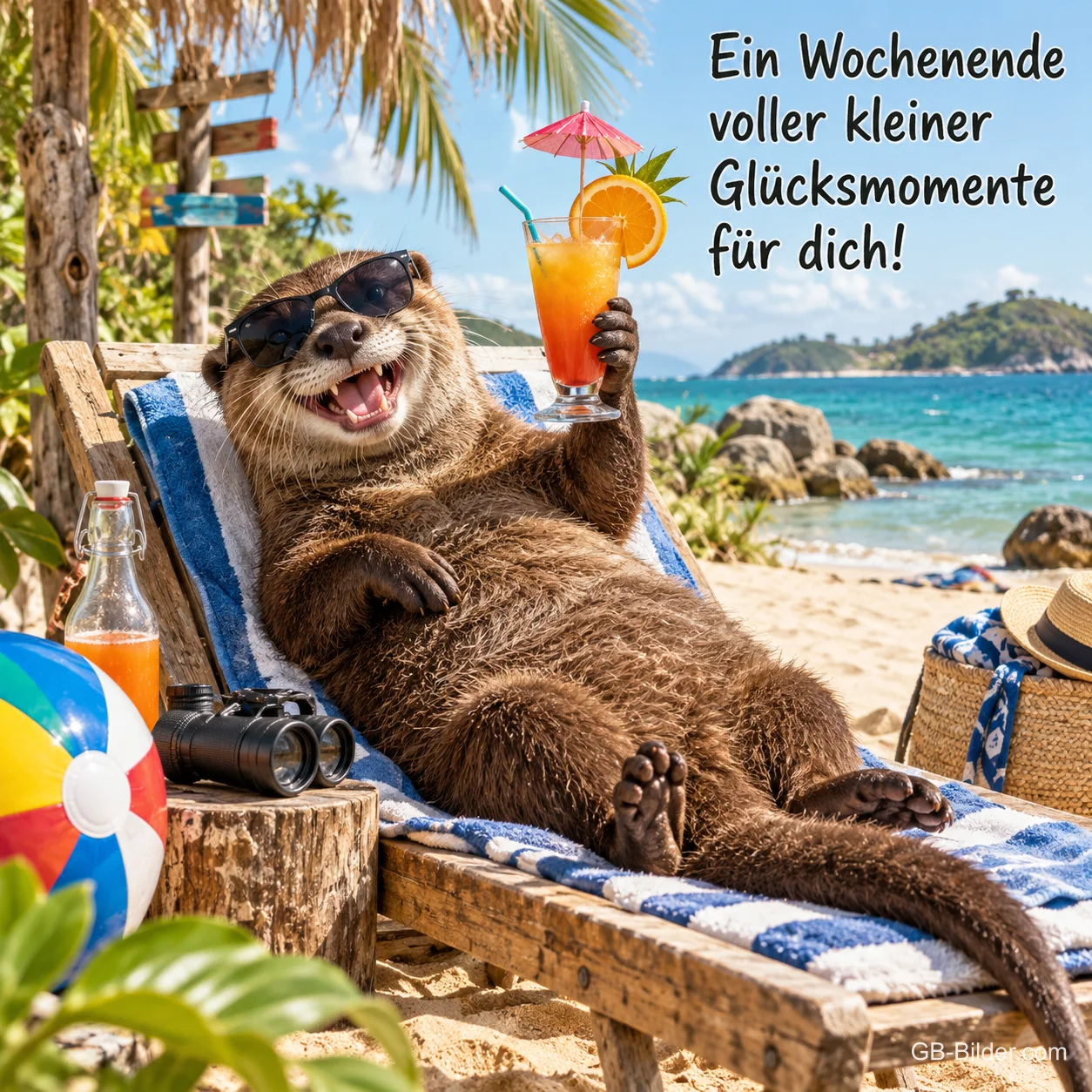 Otter mit Sonnenbrille und Cocktail liegt im Liegestuhl am Strand, Text: Ein Wochenende voller kleiner Glücksmomente für dich!