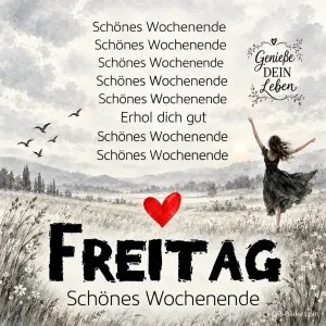 Frau im schwarzen Kleid tanzt auf einer Wiese, darüber ein rotes Herz, Text: Schönes Wochenende – Erhol dich gut – Genieße dein Leben – FREITAG