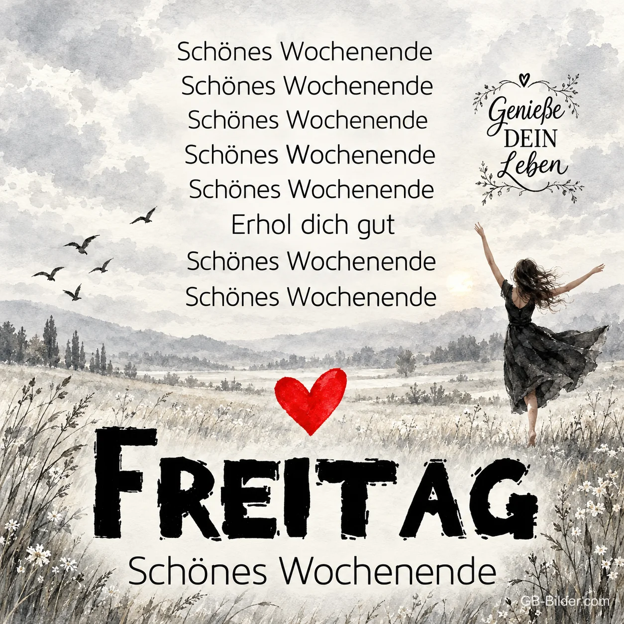 Frau im schwarzen Kleid tanzt auf einer Wiese, darüber ein rotes Herz, Text: Schönes Wochenende – Erhol dich gut – Genieße dein Leben – FREITAG