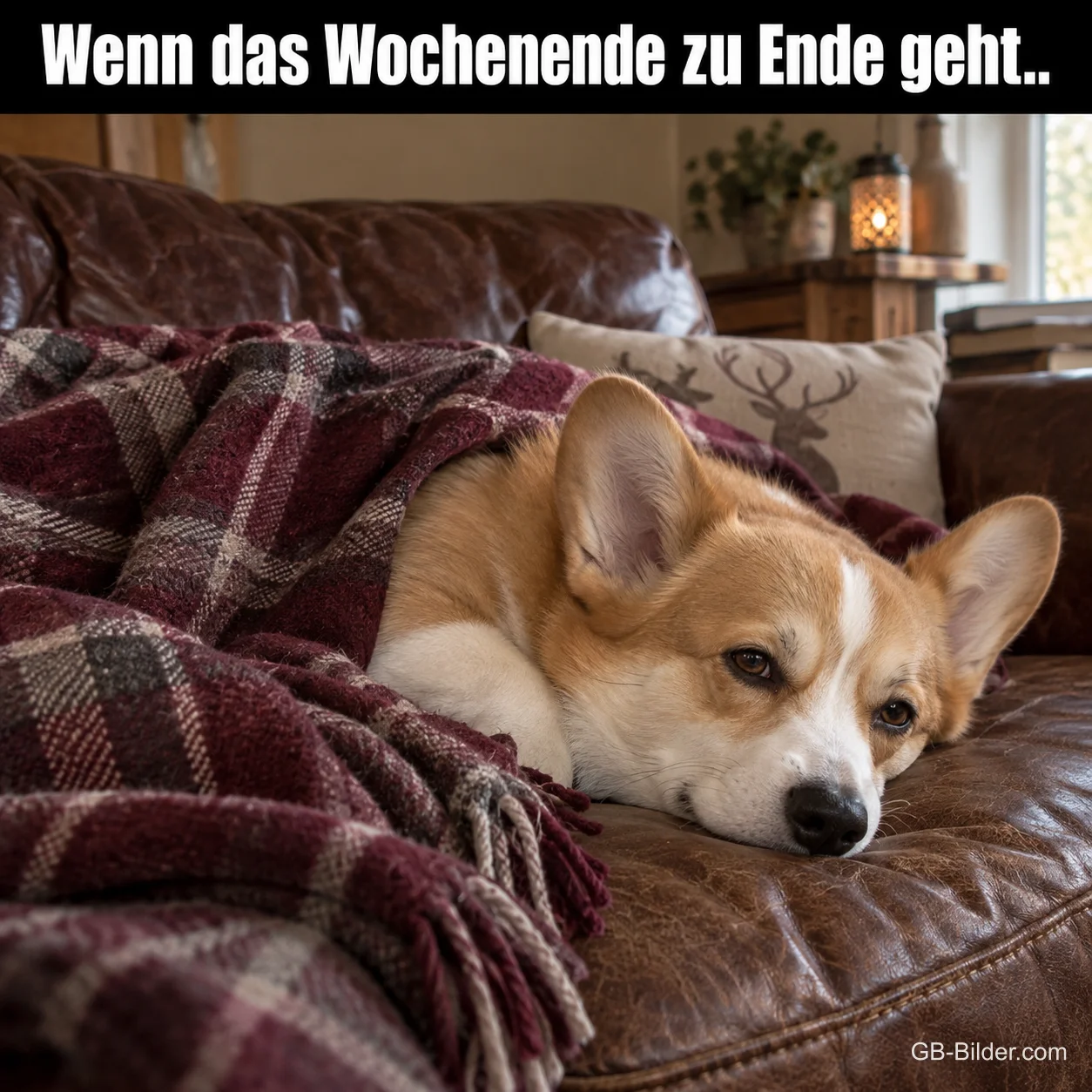 Corgi liegt traurig unter einer Decke auf dem Ledersofa, Text: Wenn das Wochenende zu Ende geht..