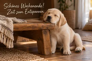Labrador-Welpe schläft mit dem Kopf auf einer Holzbank, Text: Schönes Wochenende! Zeit zum Entspannen.