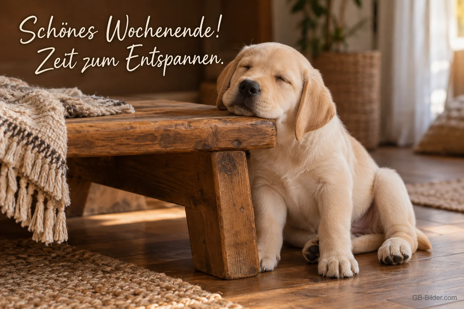 Labrador-Welpe schläft mit dem Kopf auf einer Holzbank, Text: Schönes Wochenende! Zeit zum Entspannen.