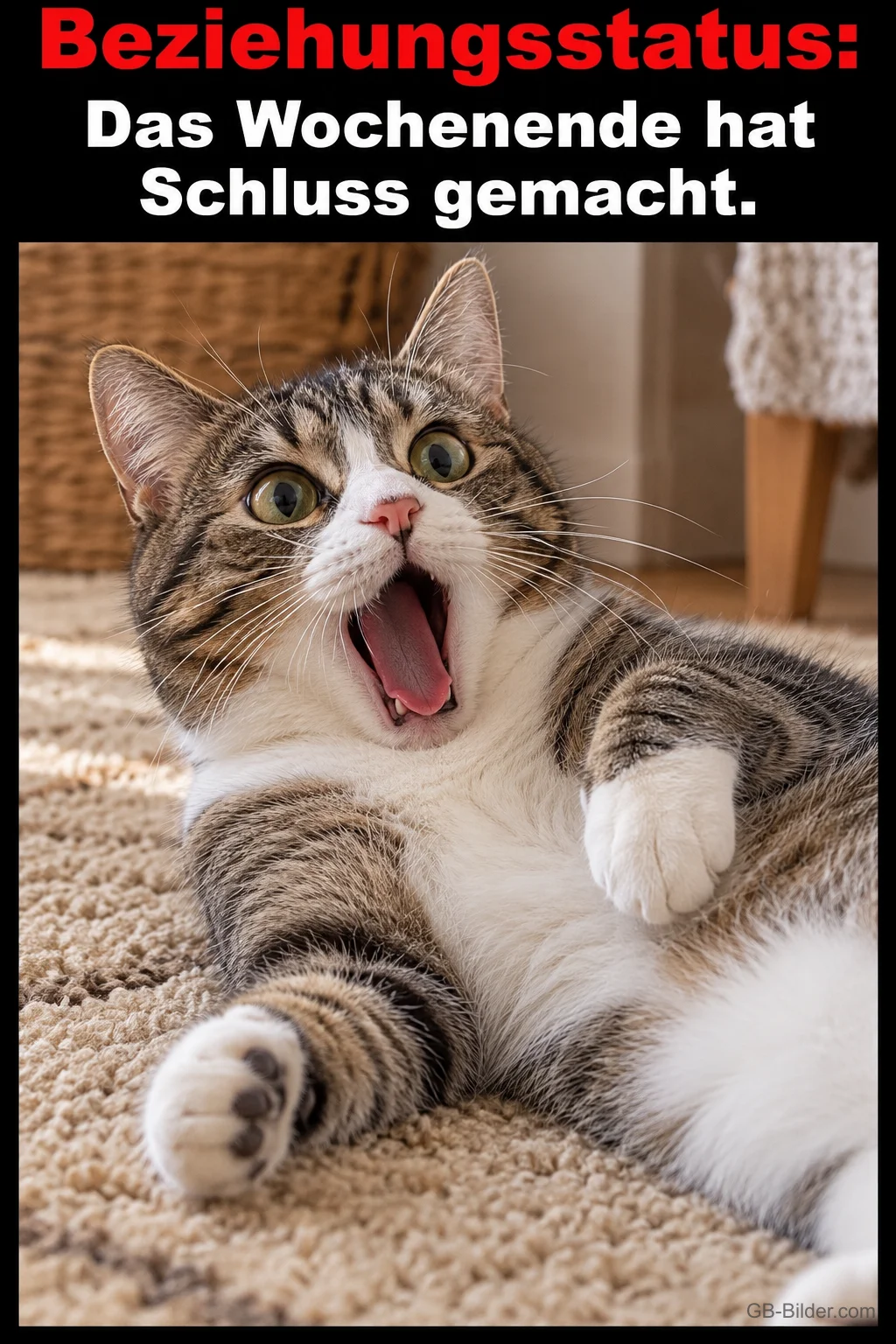 Entsetzte Katze auf dem Teppich, Text: Beziehungsstatus: Das Wochenende hat Schluss gemacht.