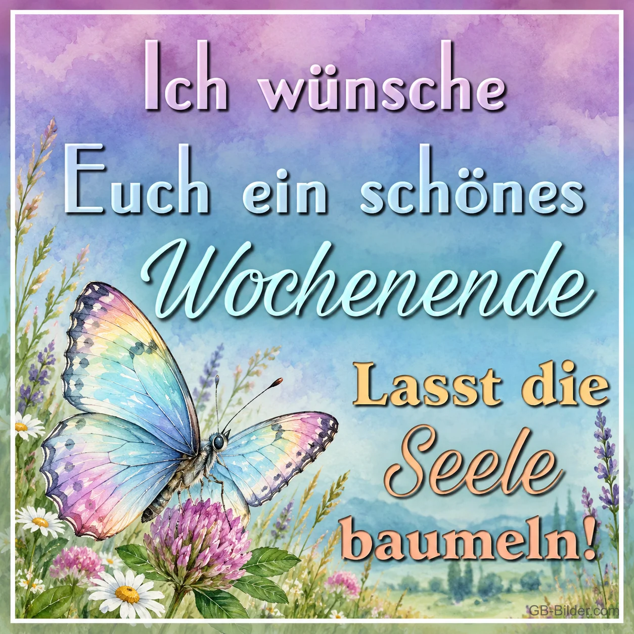 Bunter Schmetterling auf Wiesenblumen, Text: Ich wünsche euch ein schönes Wochenende. Lasst die Seele baumeln!