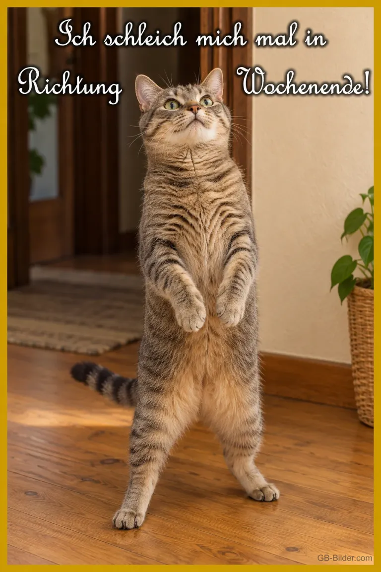 Aufrecht stehende Katze im Flur, Text: Ich schleich mich mal in Richtung Wochenende!