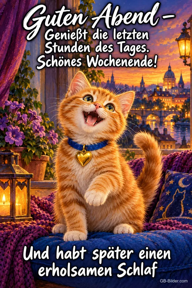 Rotes Kätzchen mit Halsband hebt die Pfote vor einer Stadt am Abend, Text: Guten Abend – Genießt die letzten Stunden des Tages. Schönes Wochenende! Und habt später einen erholsamen Schlaf