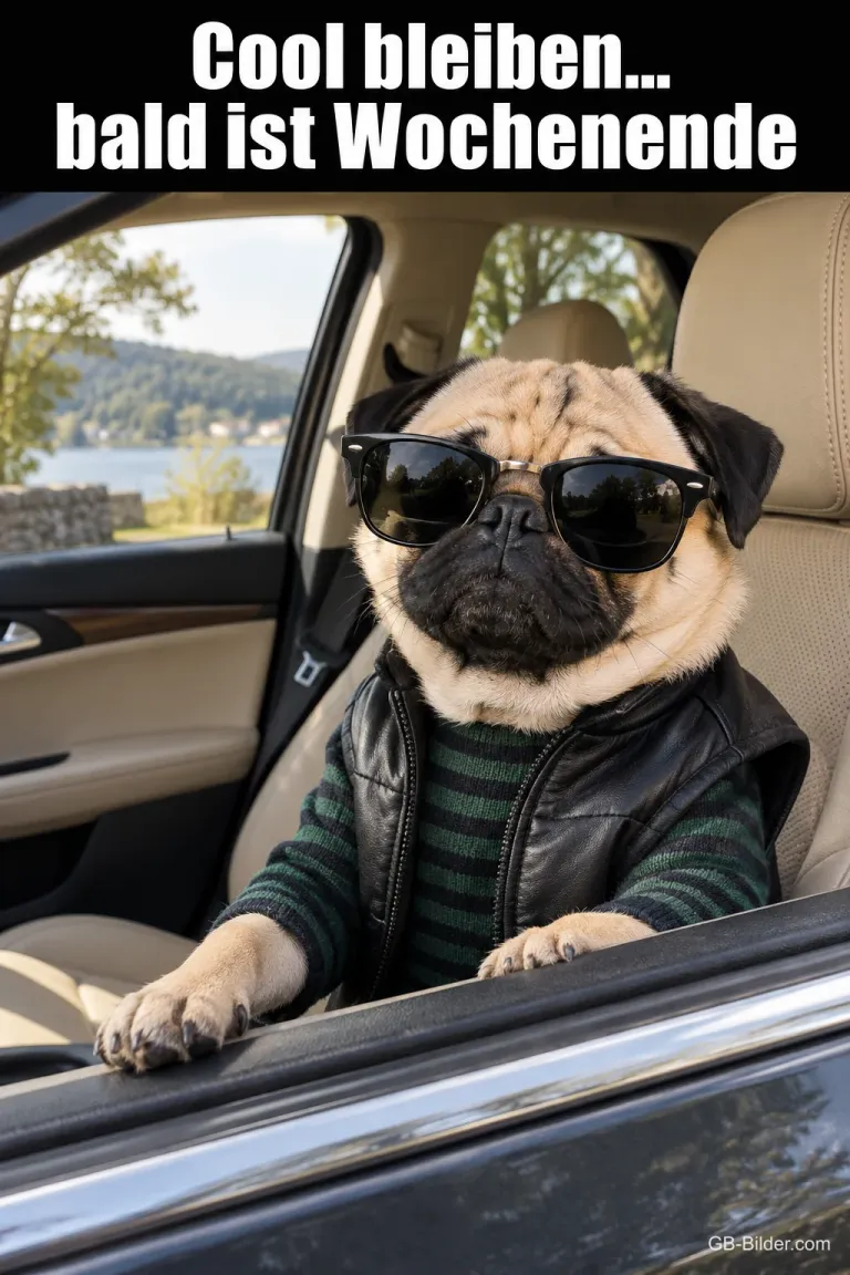 Mops mit Sonnenbrille im Auto, Text: Cool bleiben … bald ist Wochenende