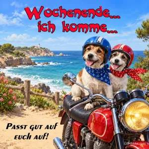 Zwei Hunde mit Helmen auf einem Motorrad an der Küste, Text: Wochenende … ich komme … Passt gut auf euch auf!
