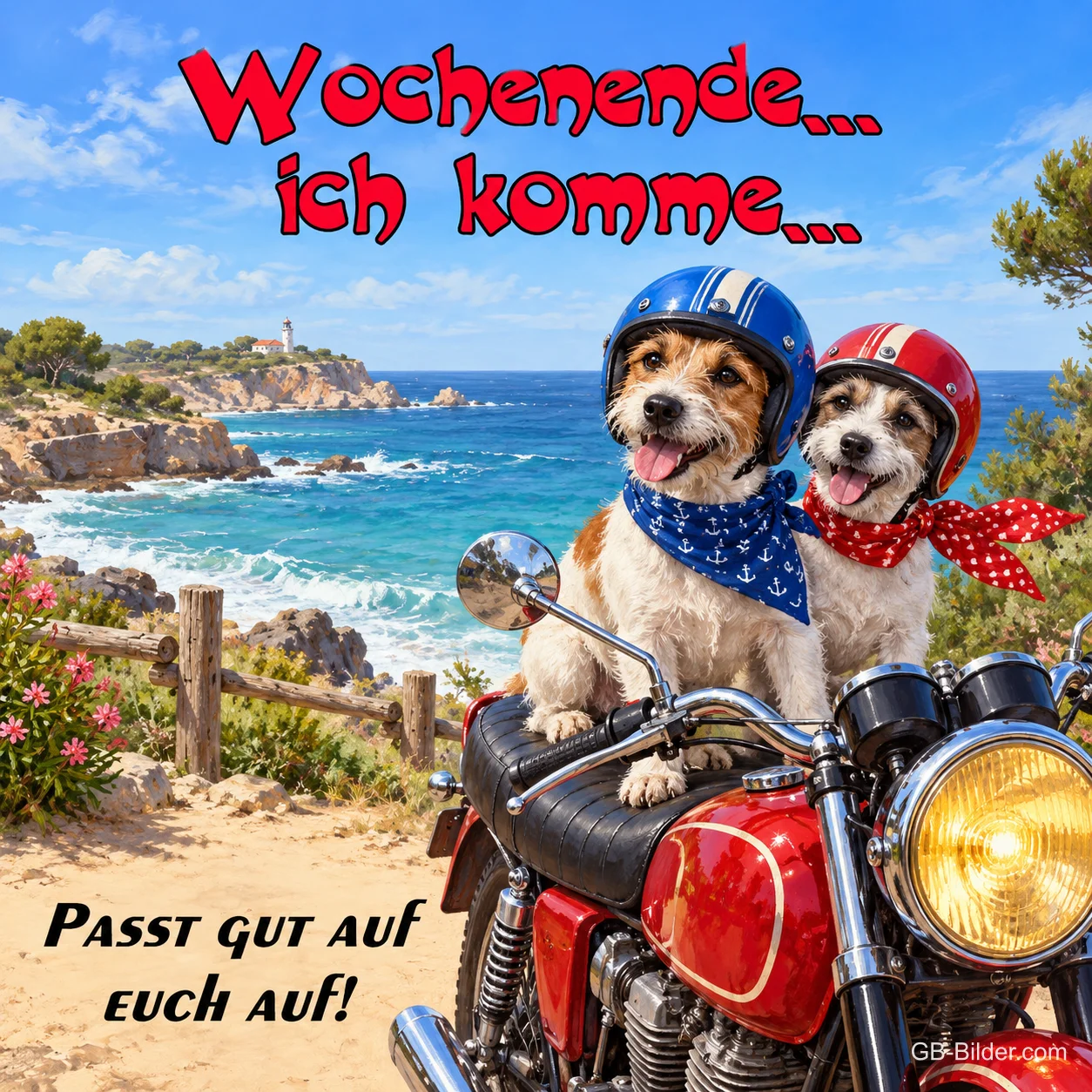 Zwei Hunde mit Helmen auf einem Motorrad an der Küste, Text: Wochenende … ich komme … Passt gut auf euch auf!