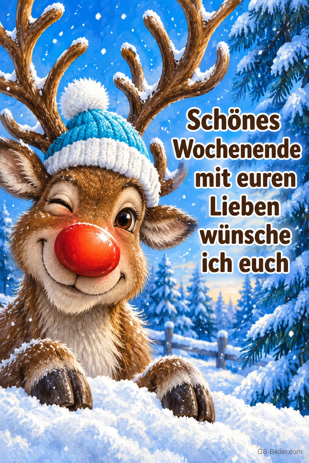 Rentier mit roter Nase und Mütze zwinkert im Schnee, Text: Schönes Wochenende mit euren Lieben wünsche ich euch