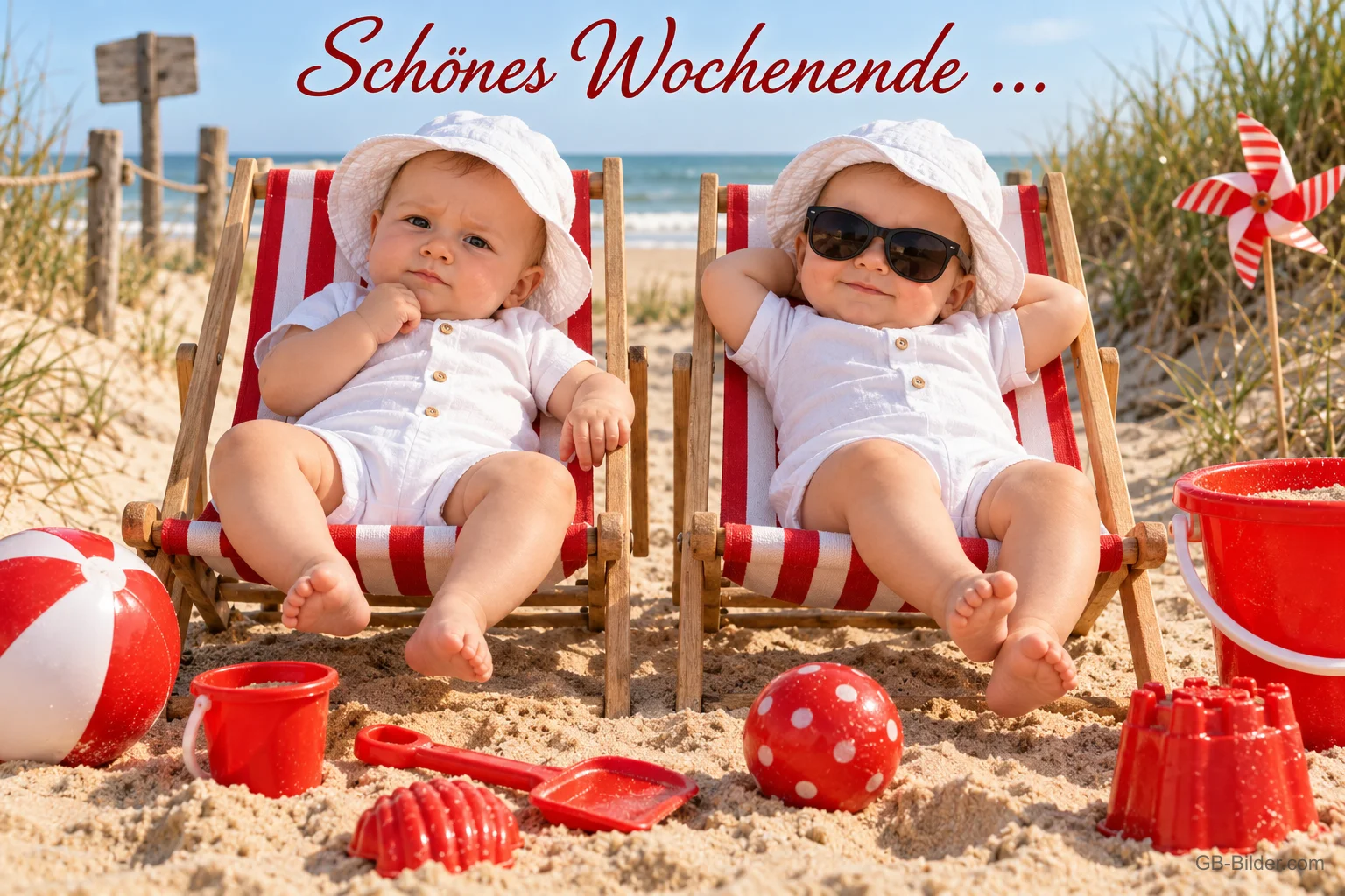 Zwei Babys mit Sonnenhüten liegen in Liegestühlen am Strand, Text: Schönes Wochenende …