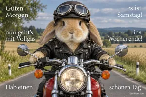 Kaninchen mit Fliegerhelm auf einem Motorrad, Text: Guten Morgen – es ist Samstag! Nun geht’s mit Vollgas ins Wochenende!