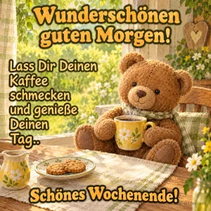 Teddybär mit Kaffeetasse am Gartentisch, Text: Wunderschönen guten Morgen! Lass dir deinen Kaffee schmecken. Schönes Wochenende!