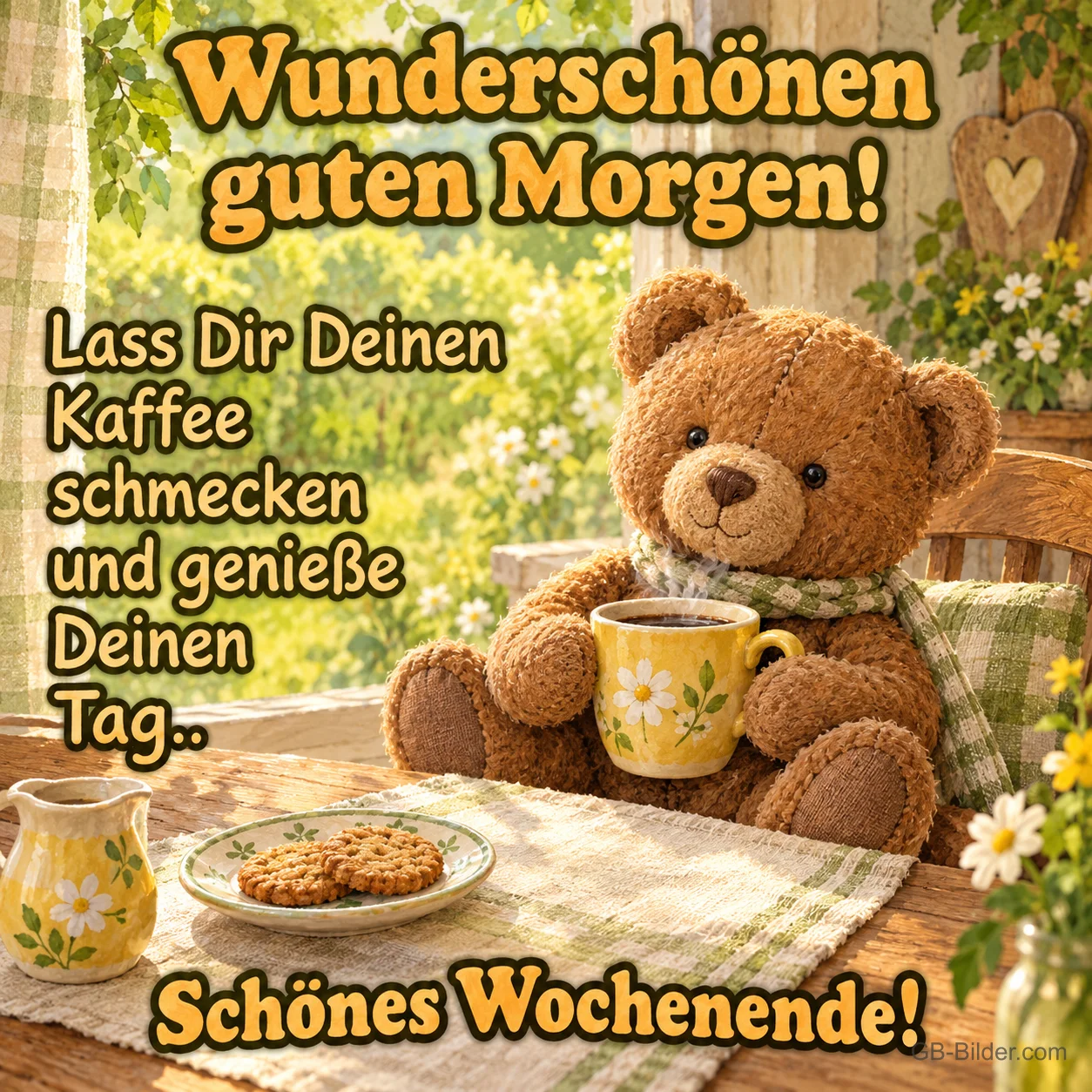 Teddybär mit Kaffeetasse am Gartentisch, Text: Wunderschönen guten Morgen! Lass dir deinen Kaffee schmecken. Schönes Wochenende!