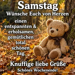 Teddybär im Herbstlaub, Text: Samstag – Wünsche euch von Herzen einen entspannten Tag. Schönes Wochenende!