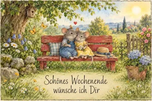 Zwei Mäuse auf einer roten Gartenbank, Text: Schönes Wochenende wünsche ich dir