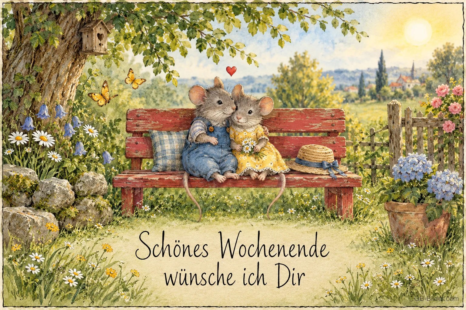 Zwei Mäuse auf einer roten Gartenbank, Text: Schönes Wochenende wünsche ich dir