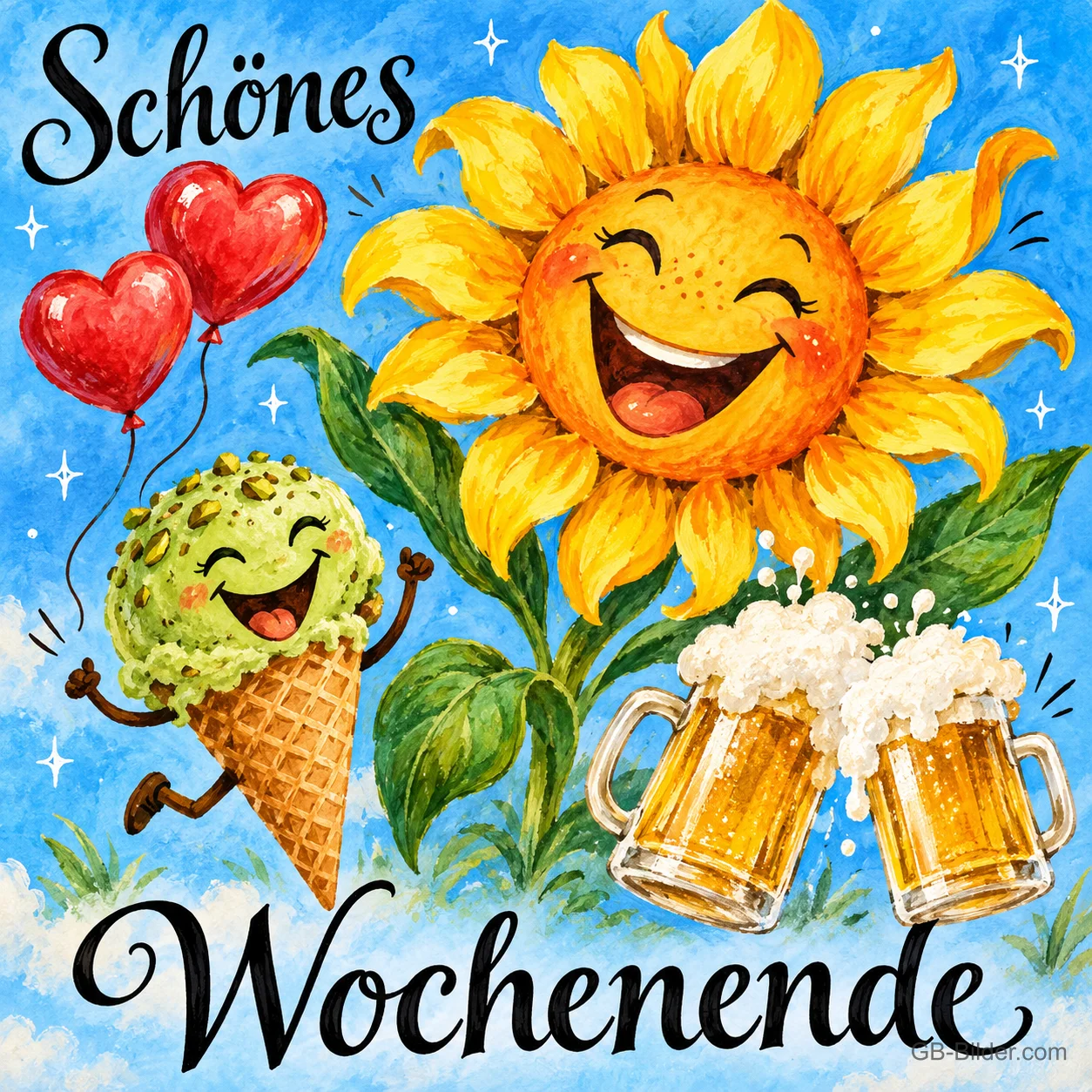 Lachende Sonnenblume, Eis und Bierkrüge mit Herzballons, Text: Schönes Wochenende