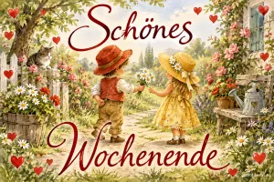 Junge und Mädchen mit Blumen im Bauerngarten, Text: Schönes Wochenende