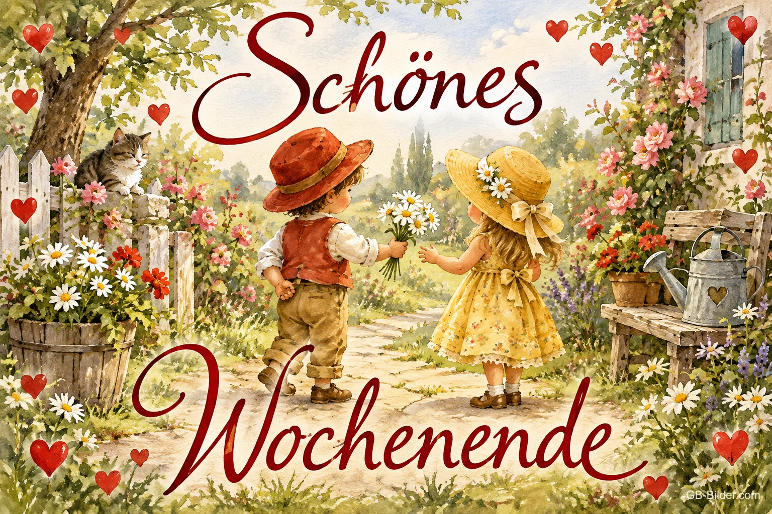 Junge und Mädchen mit Blumen im Bauerngarten, Text: Schönes Wochenende