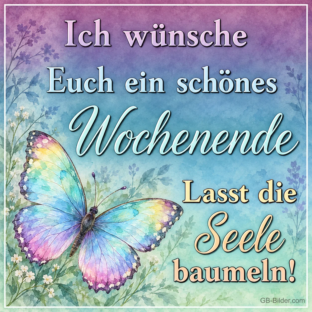 Schillernder Schmetterling auf Aquarellgrund, Text: Ich wünsche euch ein schönes Wochenende – Lasst die Seele baumeln!