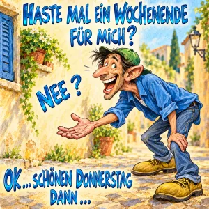 Grinsender Mann mit Kappe streckt bettelnd die Hand aus, Text: Haste mal ein Wochenende für mich? Nee? Ok … schönen Donnerstag dann …