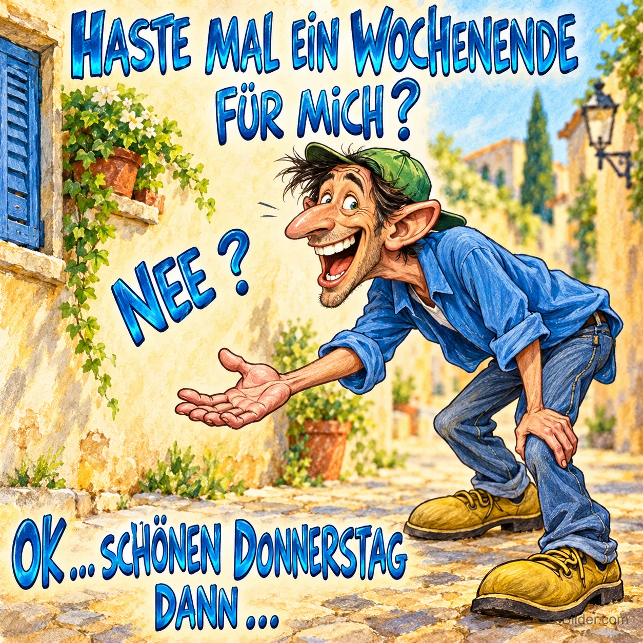 Grinsender Mann mit Kappe streckt bettelnd die Hand aus, Text: Haste mal ein Wochenende für mich? Nee? Ok … schönen Donnerstag dann …