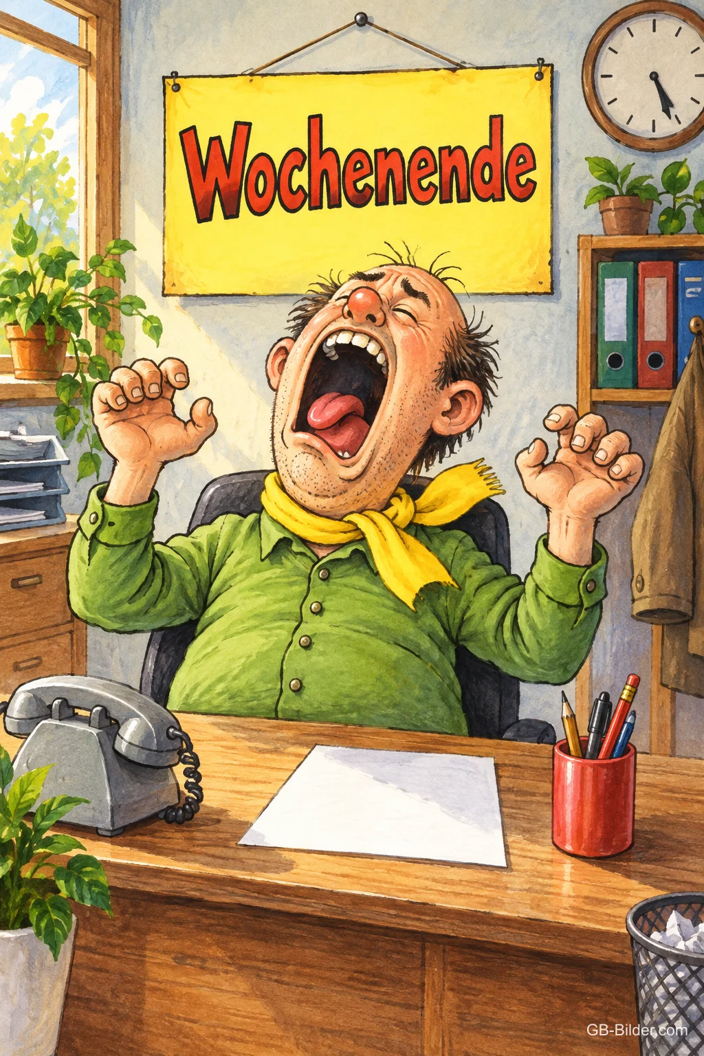 Mann schreit verzweifelt am Schreibtisch unter einem Schild, Text: Wochenende
