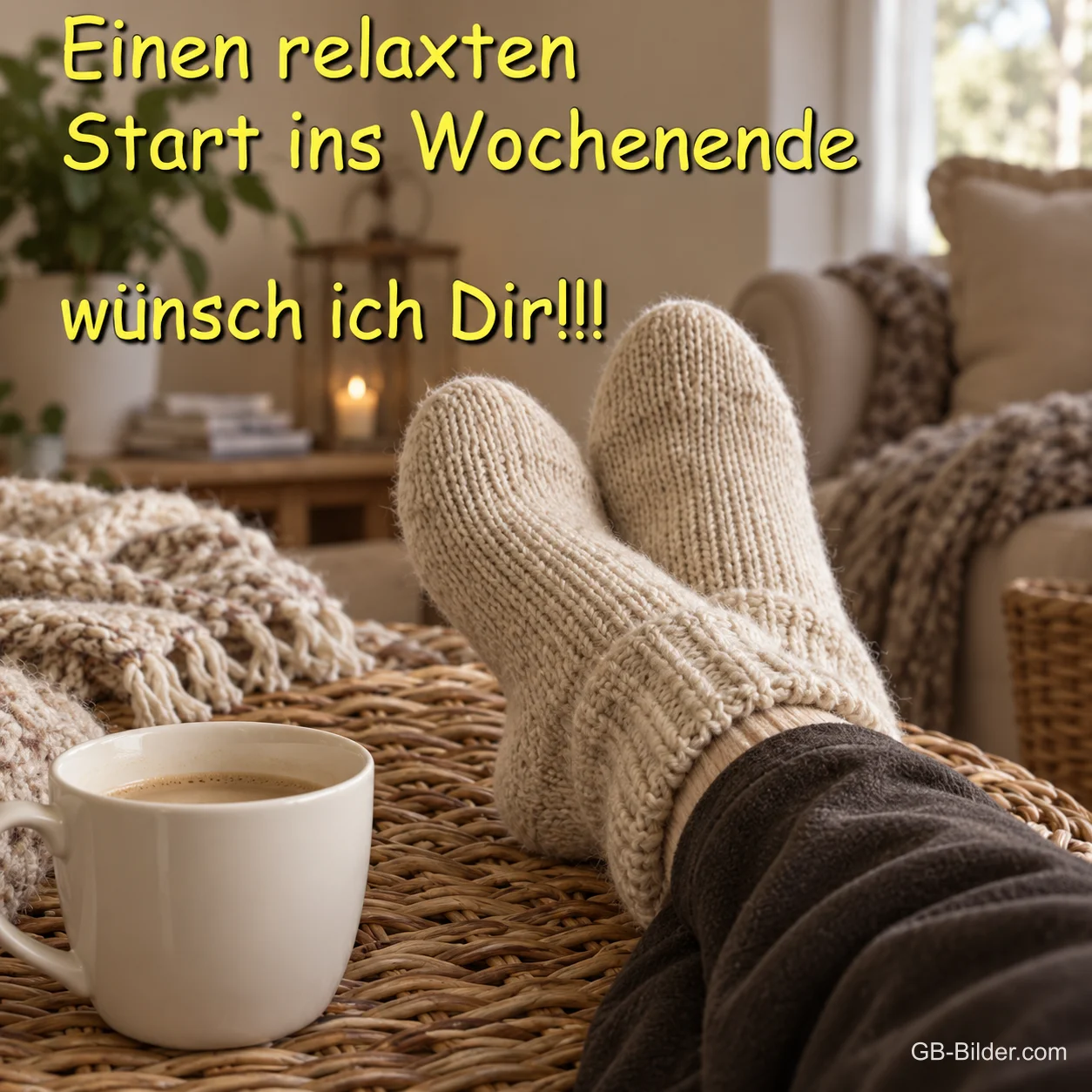 Füße in Wollsocken neben einer Kaffeetasse, Text: Einen relaxten Start ins Wochenende wünsch ich dir!!!