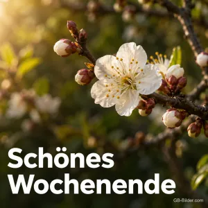Weiße Kirschblüte im Abendlicht, Text: Schönes Wochenende