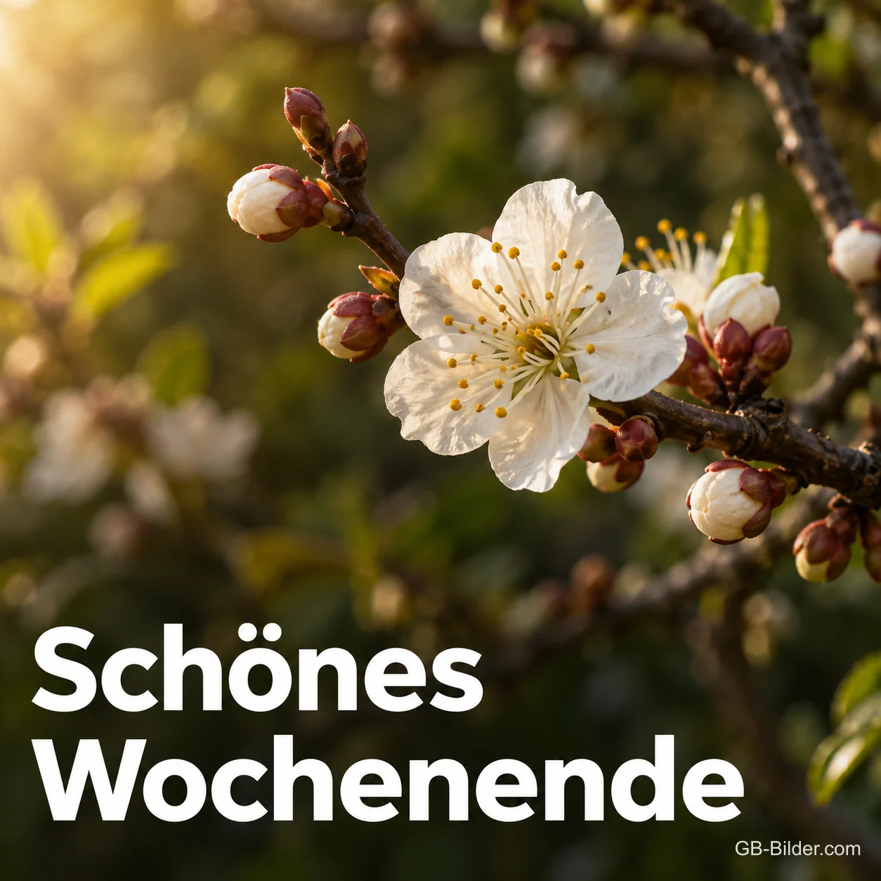Weiße Kirschblüte im Abendlicht, Text: Schönes Wochenende
