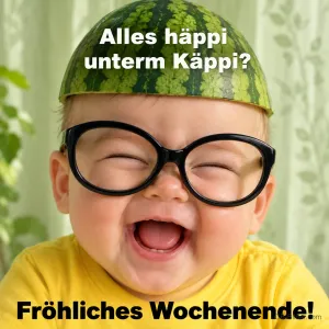 Lachendes Baby mit Brille und Melonenschale als Mütze, Text: Alles häppi unterm Käppi? Fröhliches Wochenende!