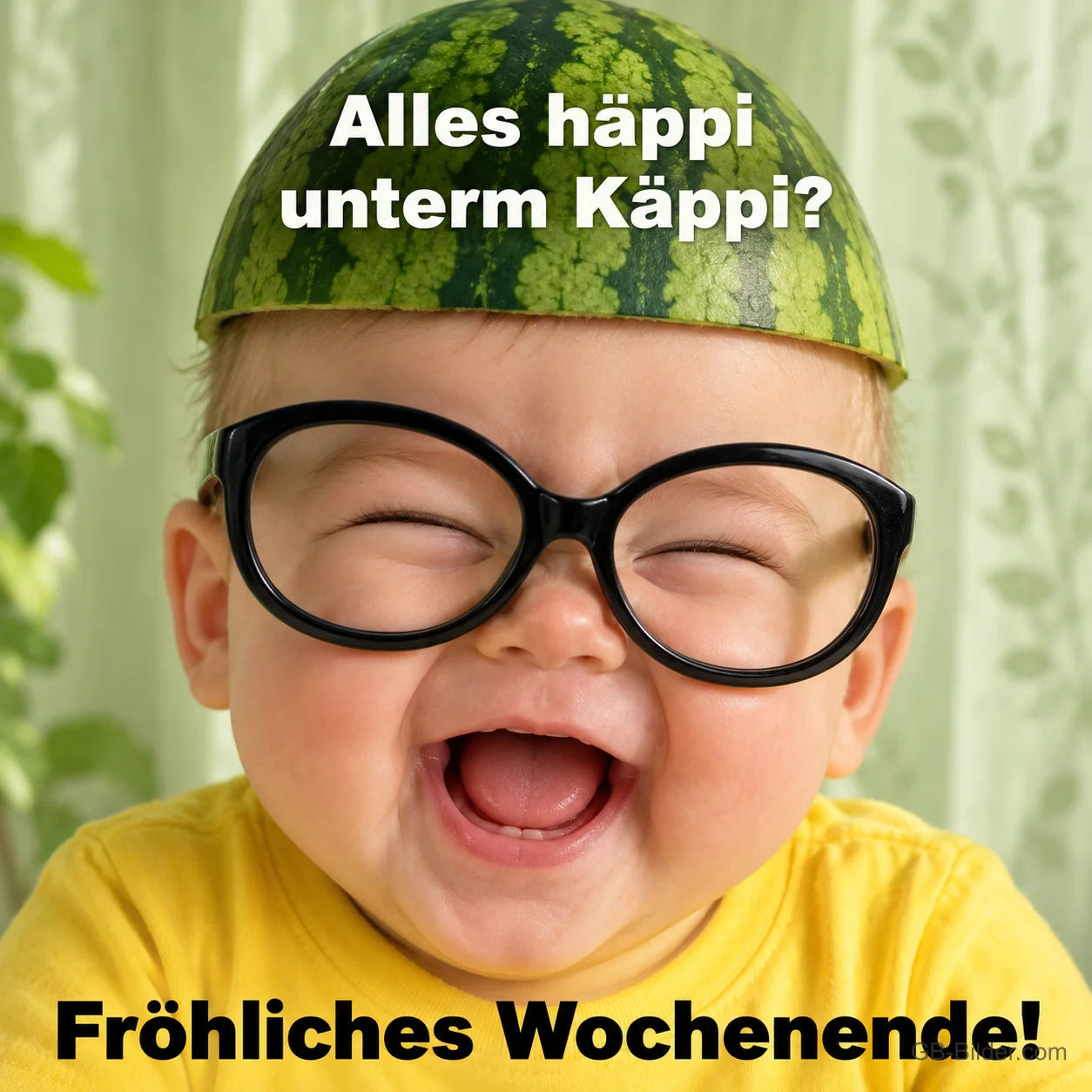 Lachendes Baby mit Brille und Melonenschale als Mütze, Text: Alles häppi unterm Käppi? Fröhliches Wochenende!