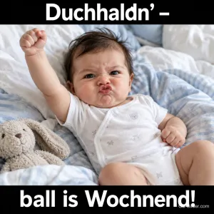 Baby reckt entschlossen die Faust neben einem Stoffhasen, Text: Duchhaldn’ – ball is Wochnend!
