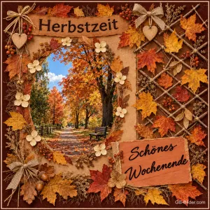 Herbstallee im Rahmen aus buntem Laub, Text: Herbstzeit – Schönes Wochenende