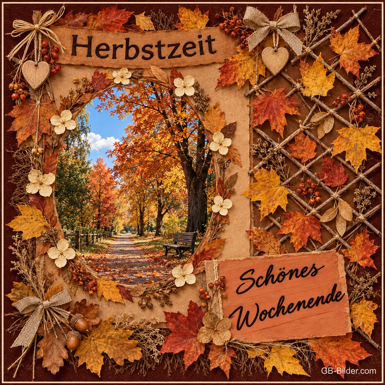 Herbstallee im Rahmen aus buntem Laub, Text: Herbstzeit – Schönes Wochenende