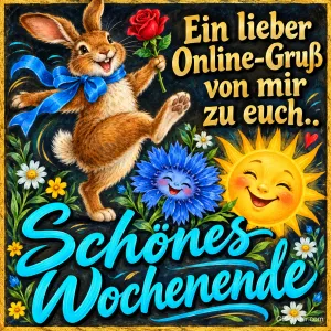 Hase mit Rose tanzt zwischen lachender Sonne und Kornblume, Text: Ein lieber Online-Gruß von mir zu euch.. Schönes Wochenende
