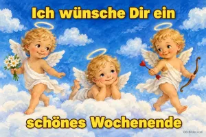Drei kleine Engel auf Wolken, Text: Ich wünsche dir ein schönes Wochenende