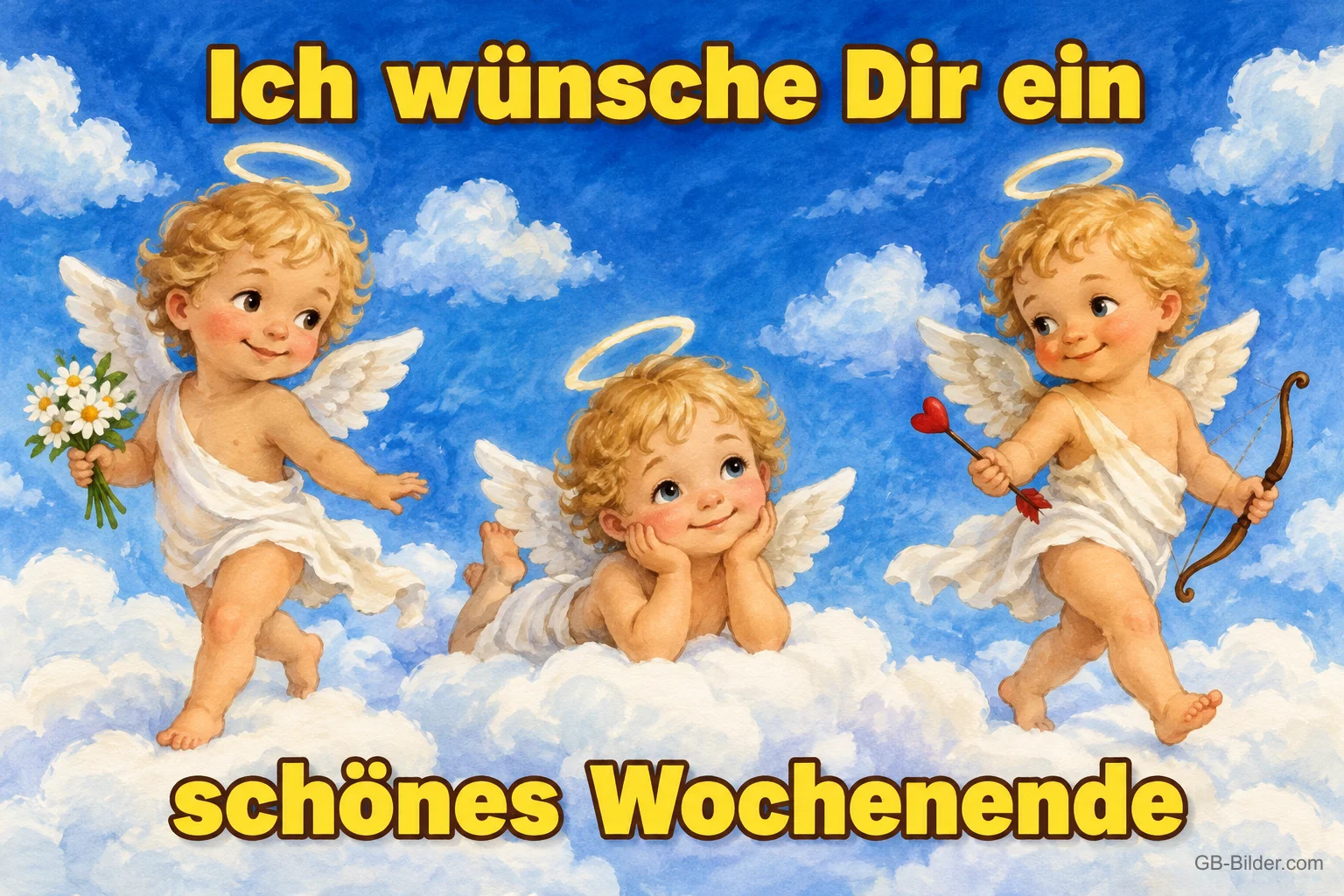Drei kleine Engel auf Wolken, Text: Ich wünsche dir ein schönes Wochenende