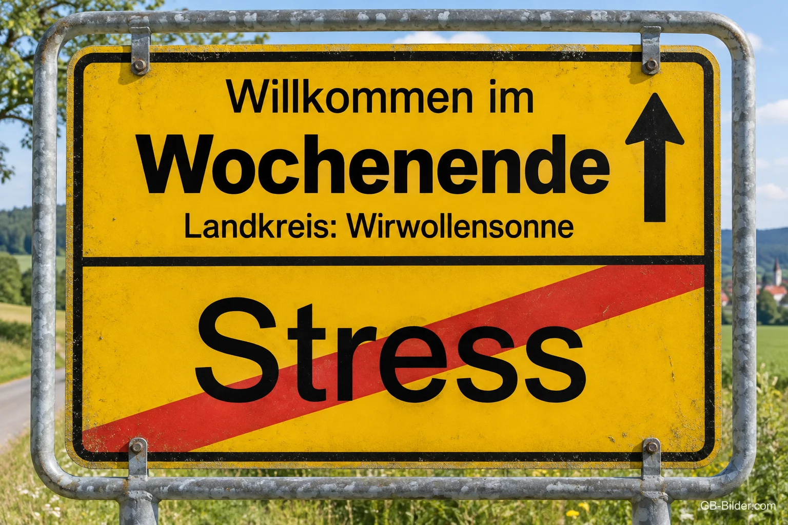 Gelbes Ortsschild: Willkommen im Wochenende, Stress durchgestrichen